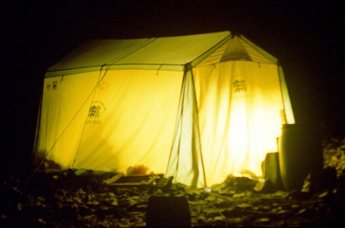 23 Kitchen Tent At Night At Concordia I went to bed at Concordia, dreaming of finally reaching K2 base camp the next day. The crew stayed up a little longer in their kitchen tent, talking and singing.